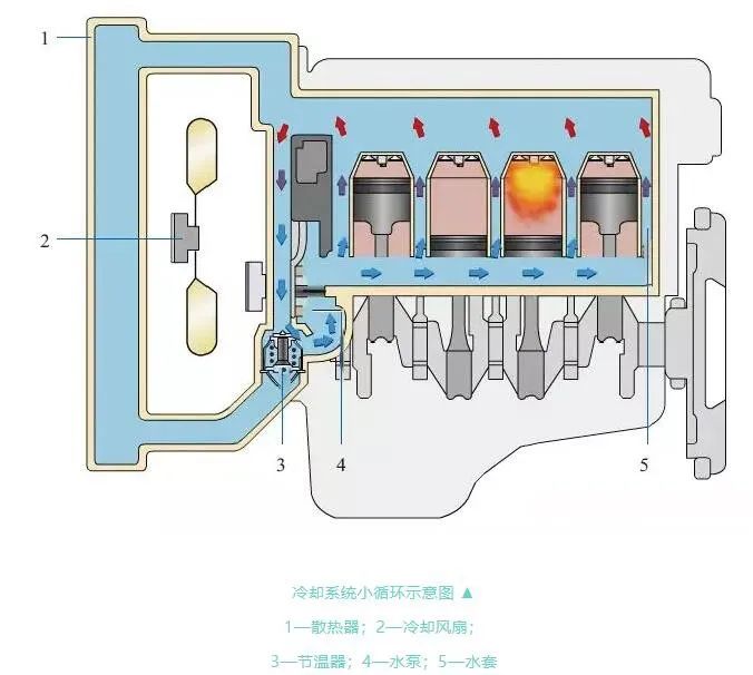 节温器主阀门开启,副阀门关闭,循环水或冷却液全部经过散热器