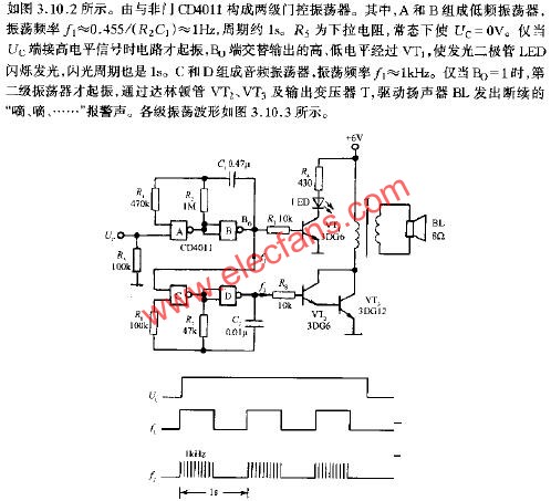 由门控振荡器组成的声光报警电路  www。elecfans。com