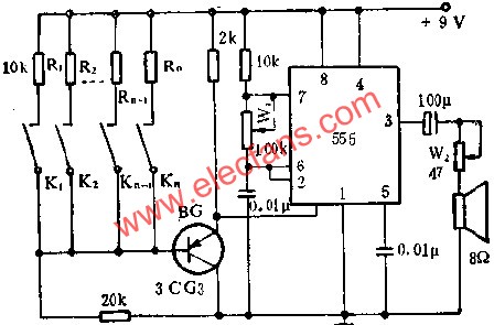 时基集成电路组成简易电子琴线路图 www、elecfans、com