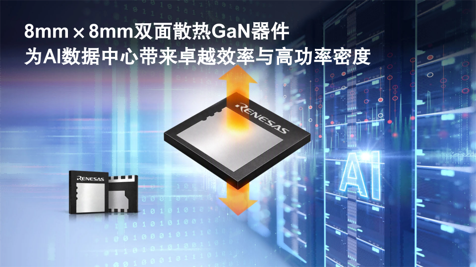 瑞萨率先推出业界首款采用8mm × 8mm双面散热封装的 650V GaN器件，面向兆瓦级AI数据中心